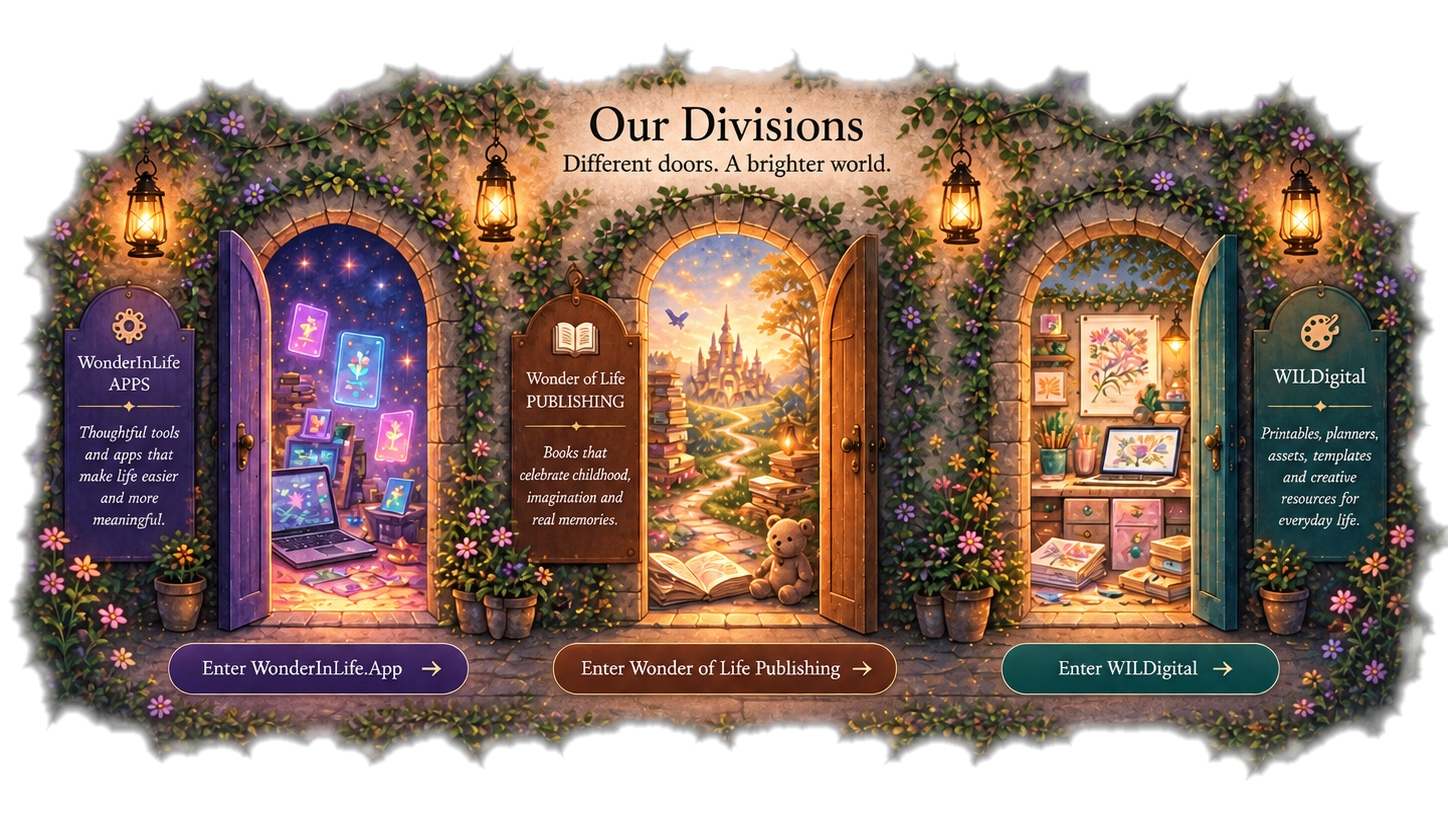 Three enchanted doorways for WonderInLife Apps, Wonder of Life Publishing, and WILDigital, surrounded by lanterns, ivy, flowers and warm light.