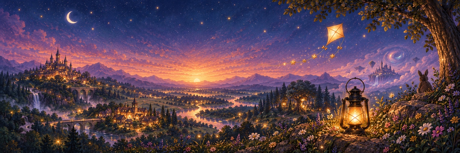 A sweeping Lantern & Kite valley at dusk, with glowing paths branching toward distant towns, castles and imagined places beneath a crescent moon and flying kite.
