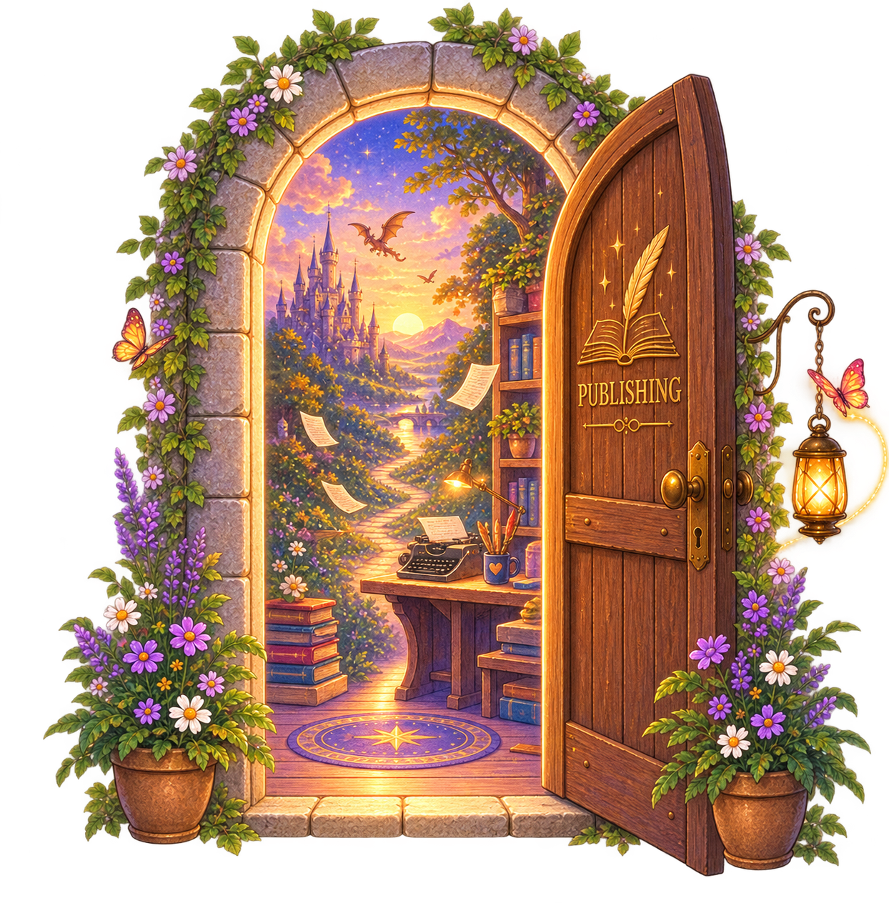 A storybook doorway representing ideas moving between Lantern & Kite divisions.